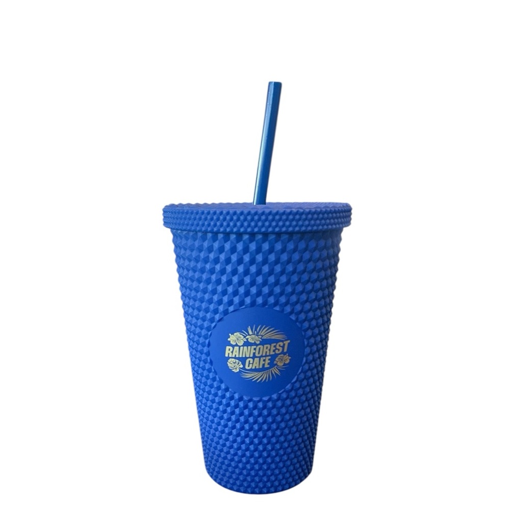 Rainforest Cafe Blue Studded 16oz Tumbler Cup w/ Straw BPA-Free